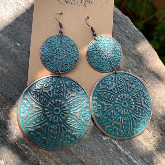 Turquoise Blue Patina Bohemian design Statement Earrings - Picture 3 of 5